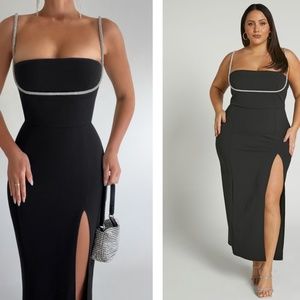 Shirley Midi Dress - Diamanté detail pencil dress in black